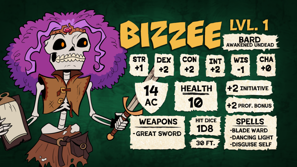 An illustration of Bizzee from Sagas of Sundry: Goblin Mode with a filled in character sheet