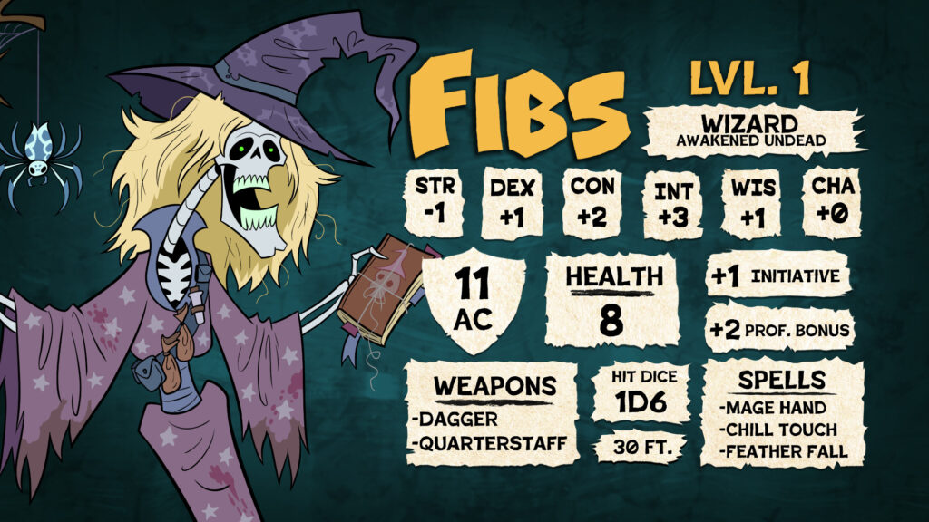 An illustration of Fibs from Sagas of Sundry: Goblin Mode with a filled in character sheet