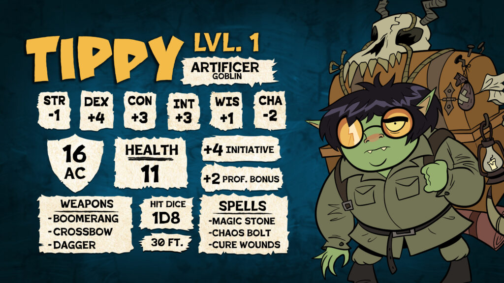 An illustration of Tippy from Sagas of Sundry: Goblin Mode with a filled in character sheet